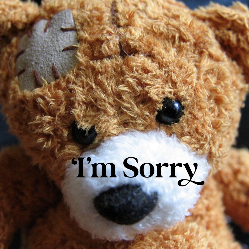 A teddy bear with the words " i 'm sorry " written on it.