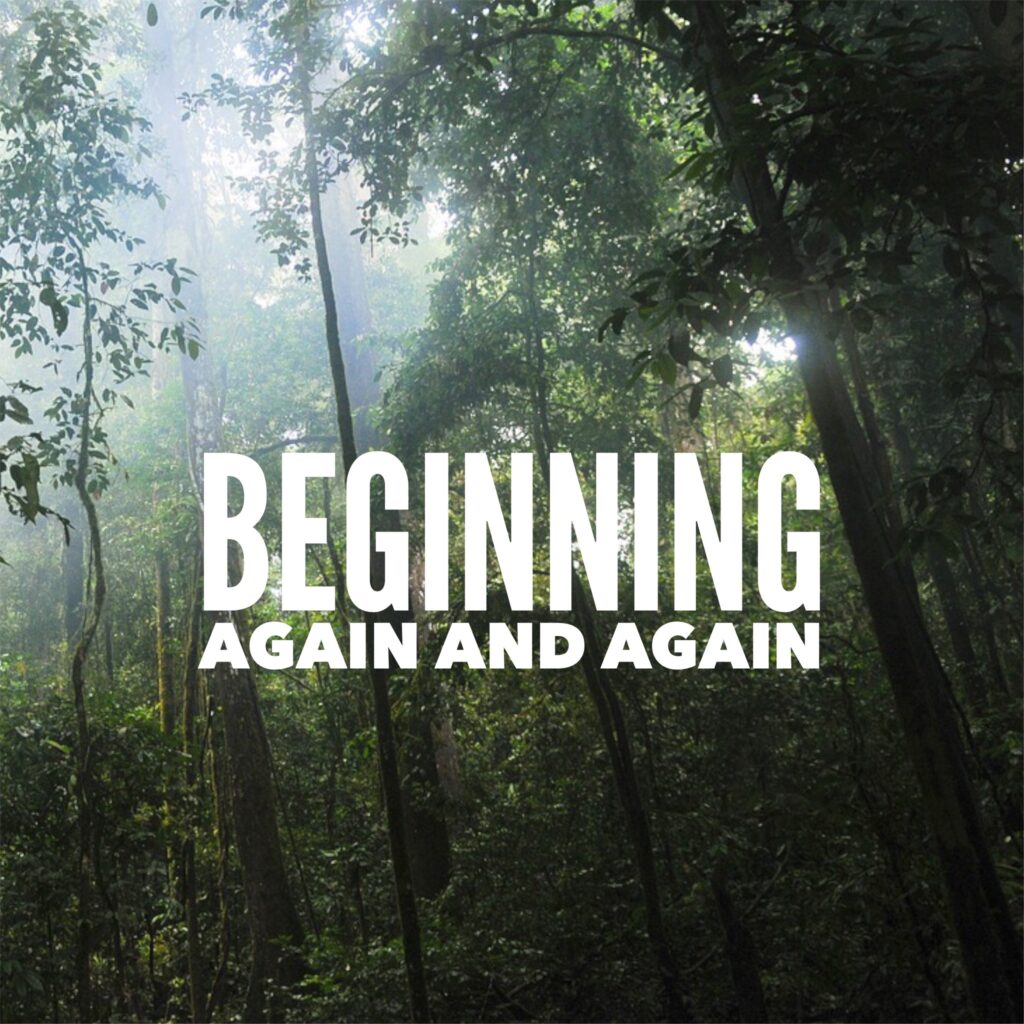 A forest with the words beginning, again and again