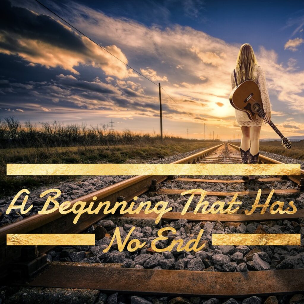A woman walking on train tracks with the sky in the background.