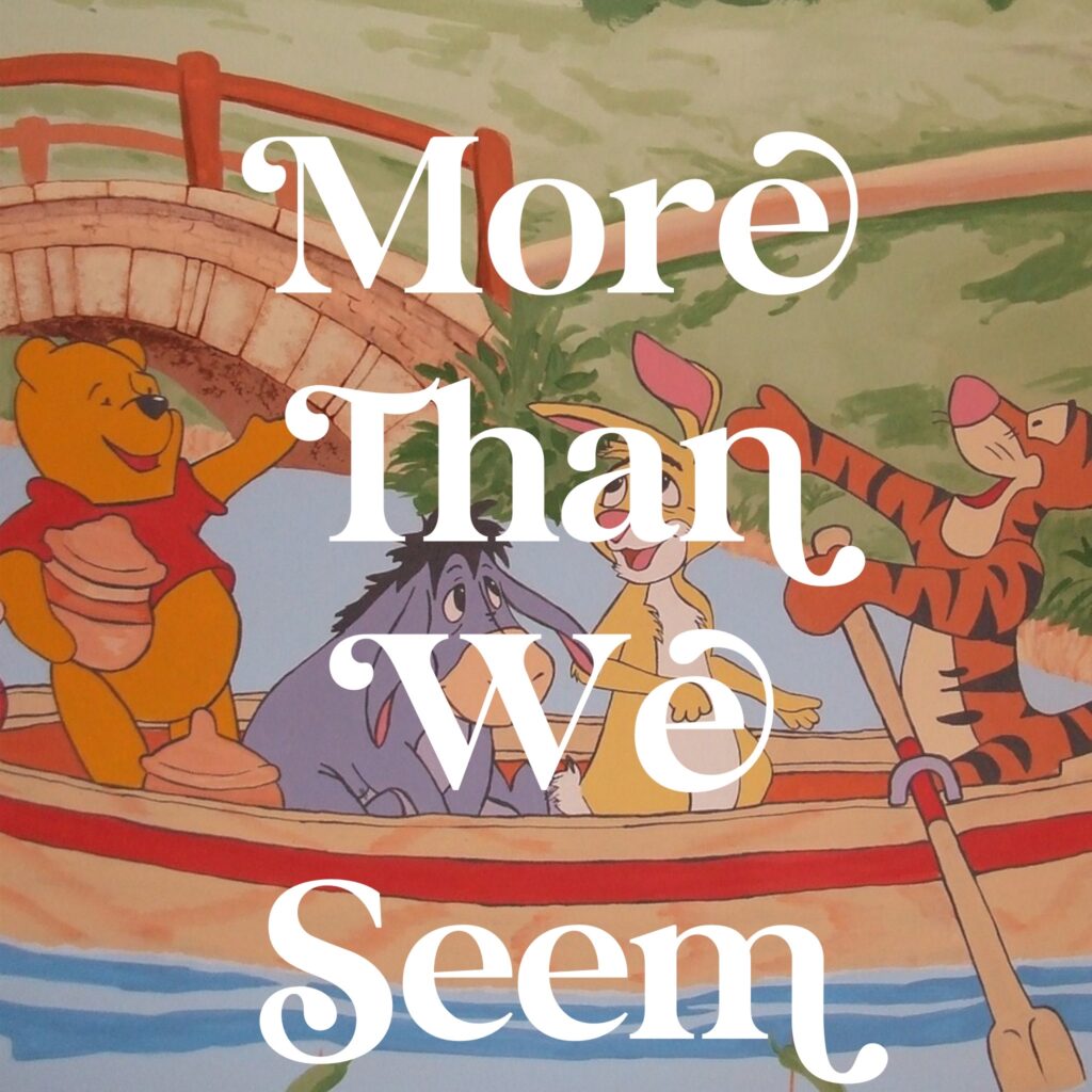 A painting of winnie the pooh and friends in a boat.