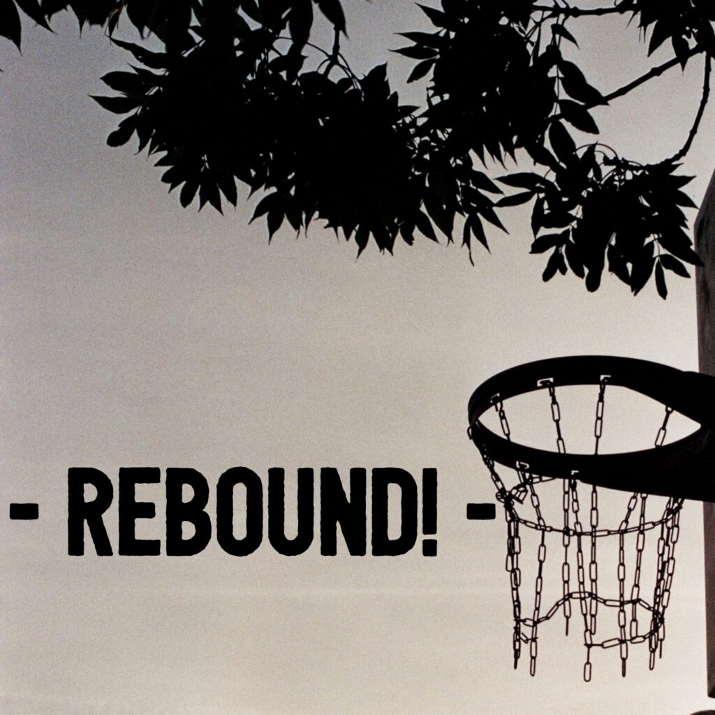 A basketball hoop with the word rebound written above it.