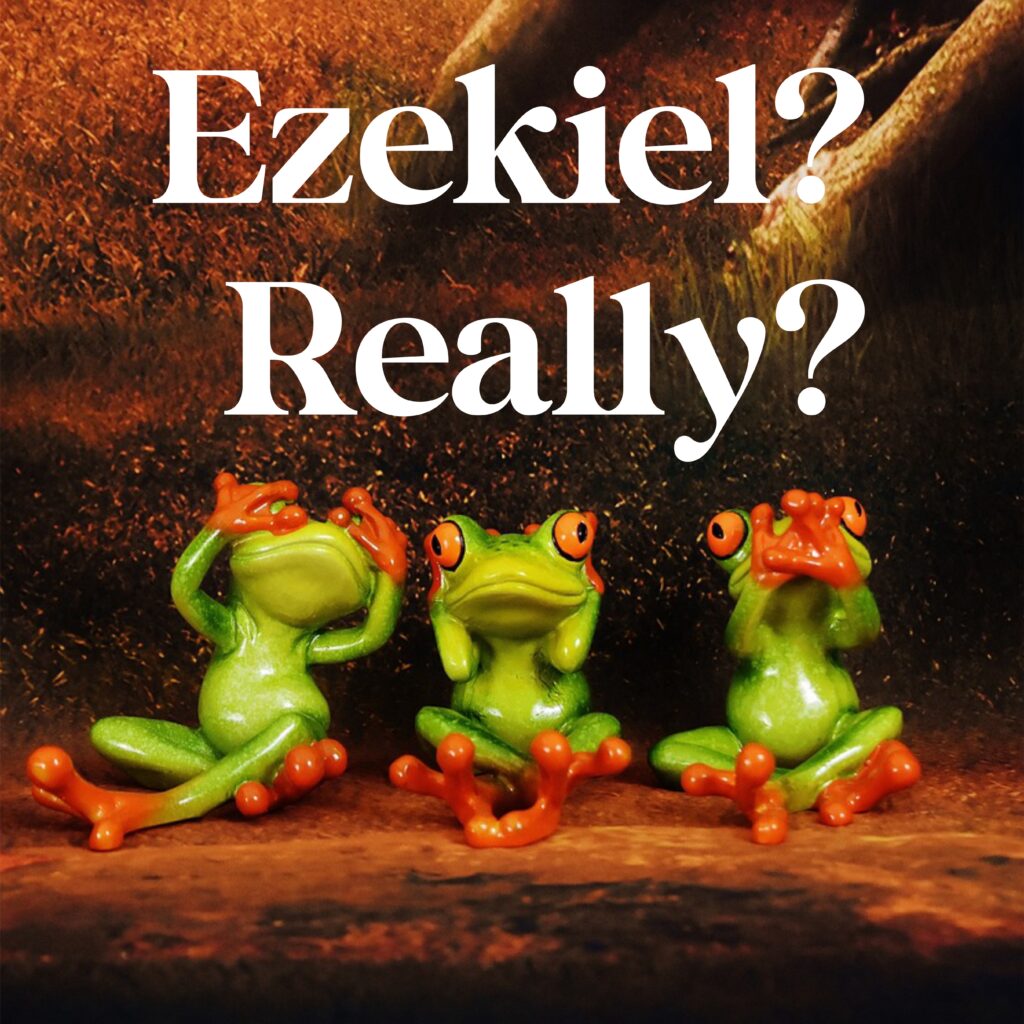 Three frogs are sitting in front of a rock.
