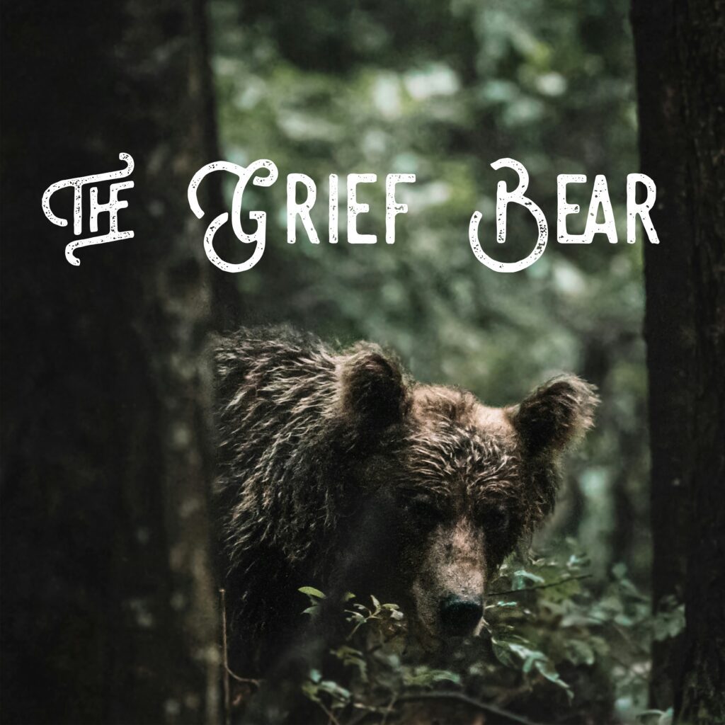 A bear in the woods with trees and leaves.