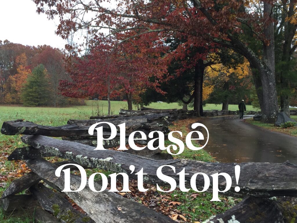 A picture of some trees and grass with the words " please don 't stop !"