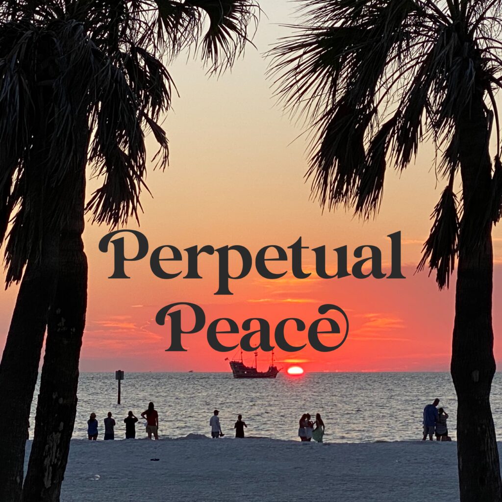 A beach with palm trees and the words " perpetual peace ".