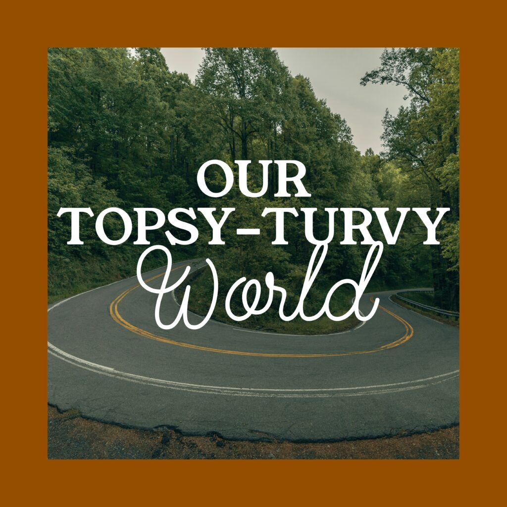 A picture of the road with words " our topsy-turvy world ".