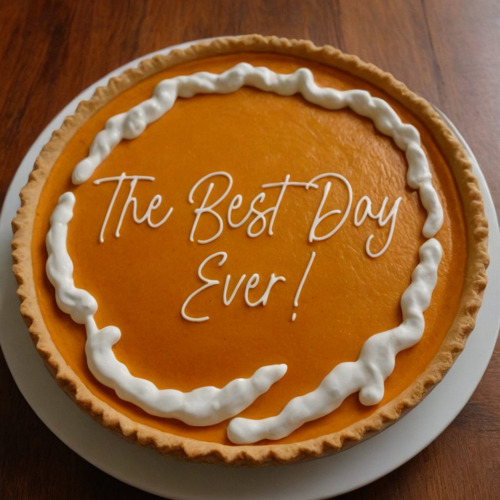 A pie with the words " best day ever !" written on it.